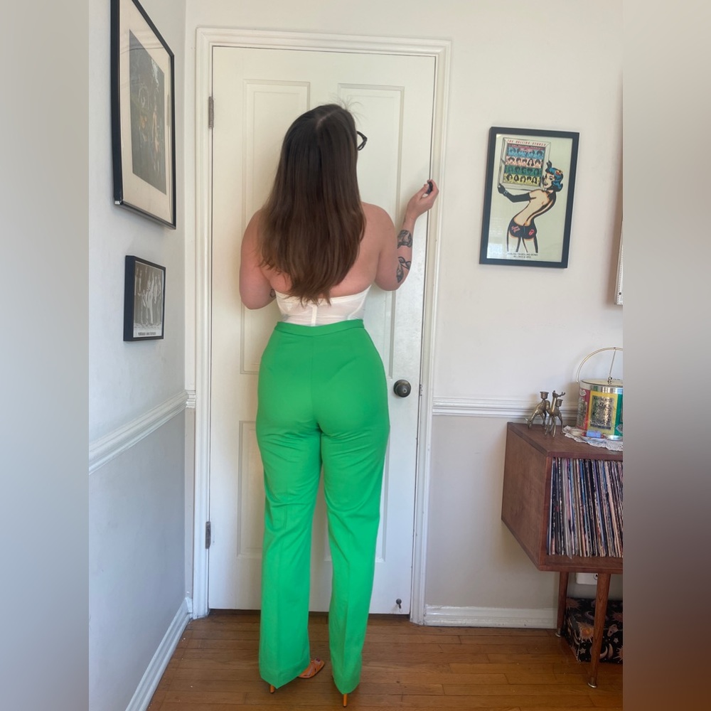 70s Vintage Lime Green High Waisted Double Knit Poly Pants - Picture 3 of 6